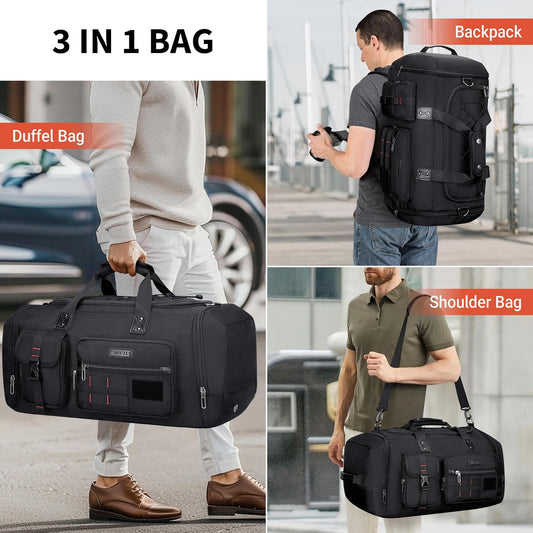 WITZMAN Travel Duffel Bags for Men Large Carry On Weekender Overnight Bag 3 in 1 Backpack with Shoe Compartment (B693 Black)