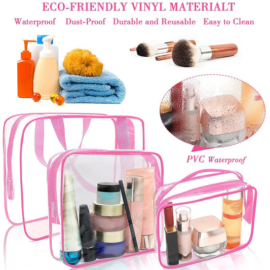 APREUTY Clear Makeup Bags, TSA Approved 6 Pcs Cosmetic Makeup Bags Set Clear PVC with Zipper Handle Portable Travel Luggage Pouch Airport Airline Vacation Organization (Rose Red)