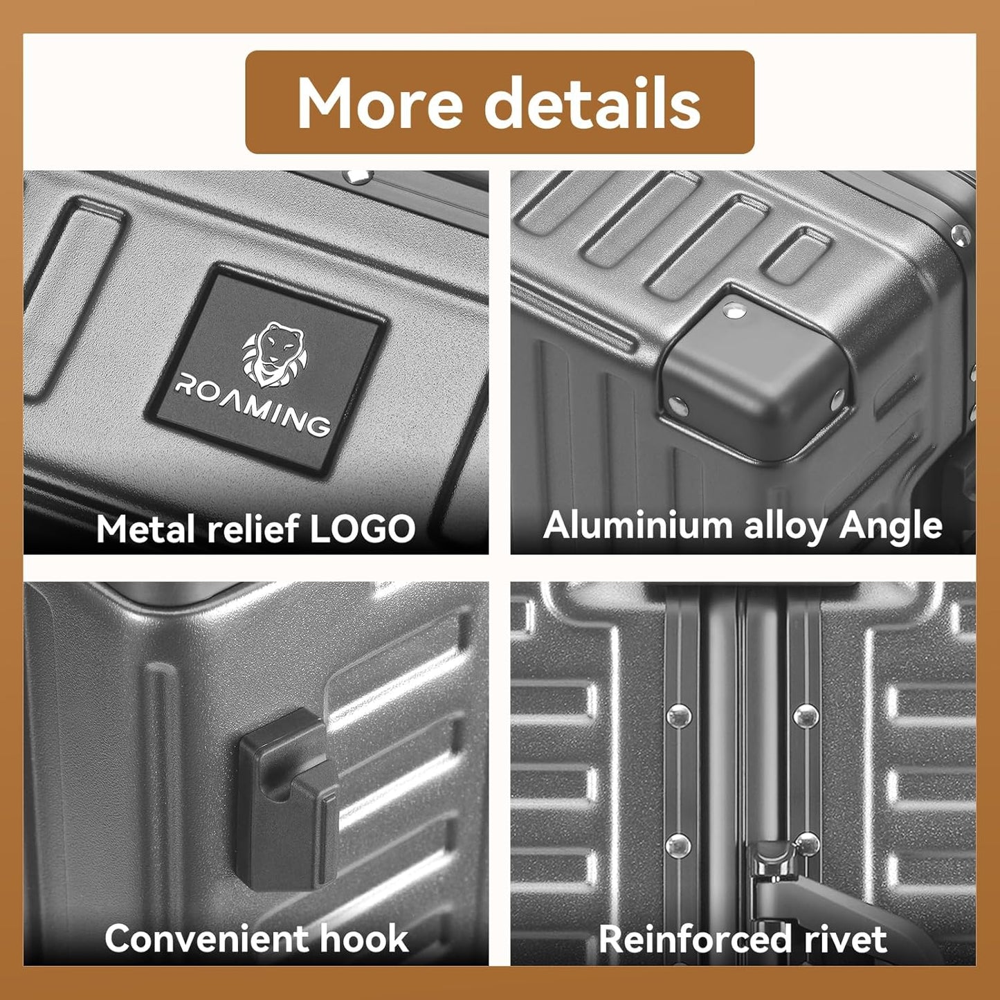 ROAMING Zipperless Luggage 24 Inch with Aluminum Frame, 3-Layer PC Trunk-Medium Lightweight Hard Shell Suitcase with Spinner Wheels, Metal Travel Luggage with Double TSA Locks, gray