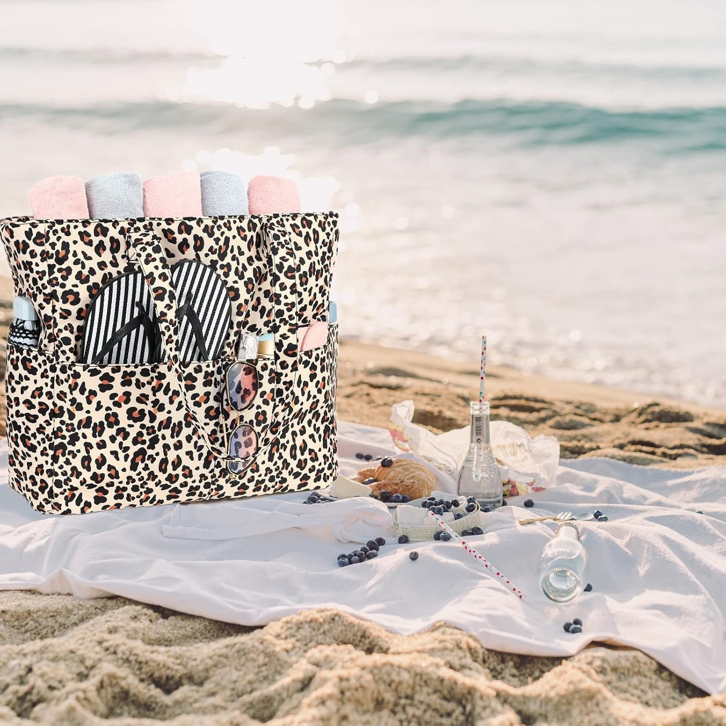 Beach Pool Bags Tote for Women Ladies Large Gym Tote Carry On Bag With Wet Compartment for Weekender Travel Waterproof