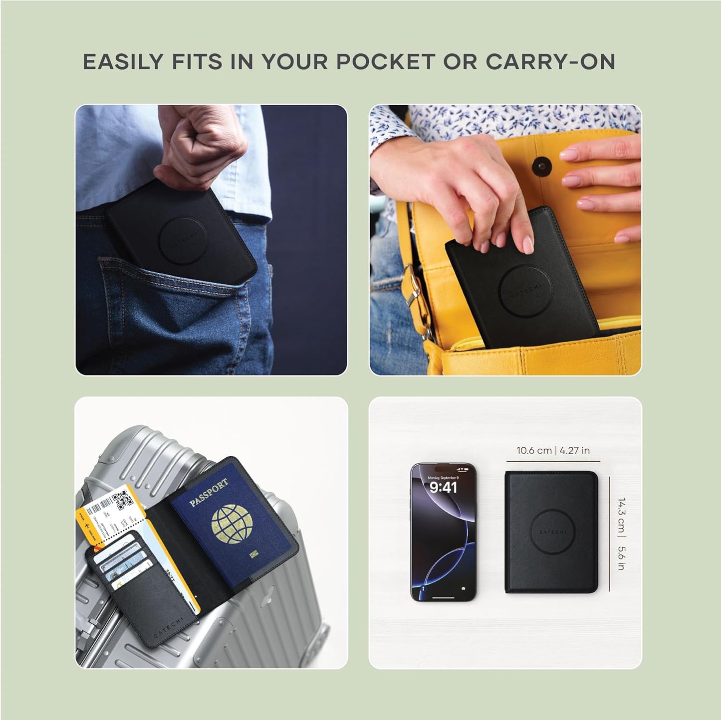 Satechi Passport Holder for Travel with Find My, Passport Cover with 4 Card Holder, Wireless Charging, and RFID protection – Travel Essential Vegan Leather Passport Holder – Black
