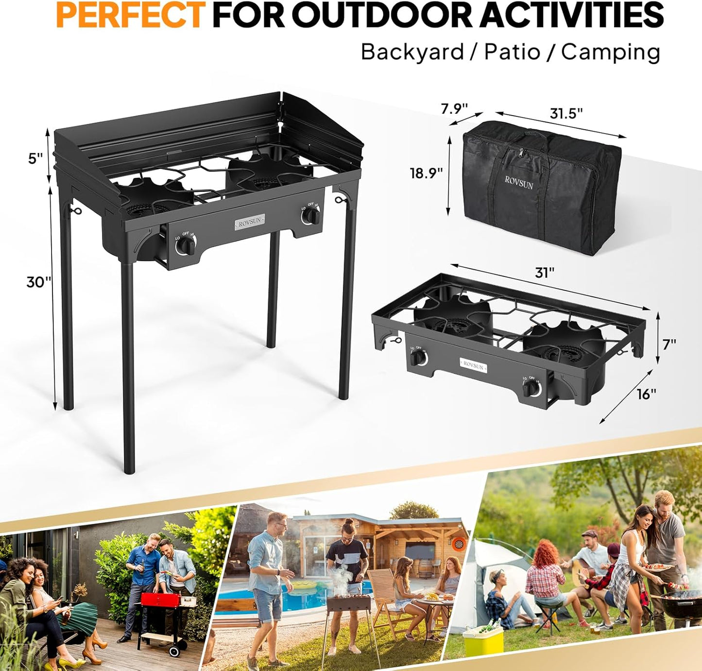 ROVSUN 2 Burner Outdoor Propane Gas Stove with Regulator, Windpanel & Carrying Bag, 150,000 BTU Powerful Stand Cooker for Backyard Cooking Camping Home Brewing Canning Turkey Frying