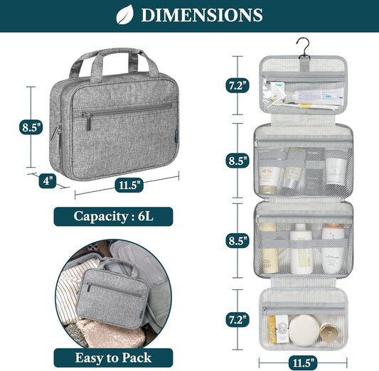 PAVILIA Hanging Toiletry Bag Travel Bag Women Men, Foldable Cosmetic Organizer, Roll up Makeup Bag, Water Resistant Accessories Toiletries, Large Travel Essentials Kit (Heather Grey)