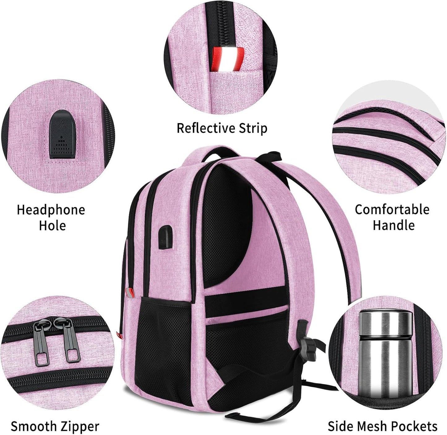 Pink Backpack for Women, School Backpacks for Girls Teen, Bookbag with USB Charging Port, College High School Backpack Fits 15.6 Inch Laptop, Casual Work Business Back Pack