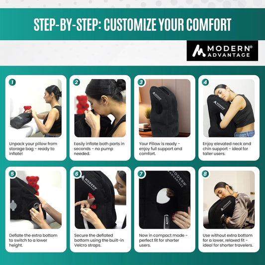 Modern Advantage Inflatable Travel Pillow for Airplanes with Adjustable Extra Bottom, Support Head & Chin to Avoid Neck & Shoulder Pain, for Travelling, Office Napping with Eye Mask & Earplug