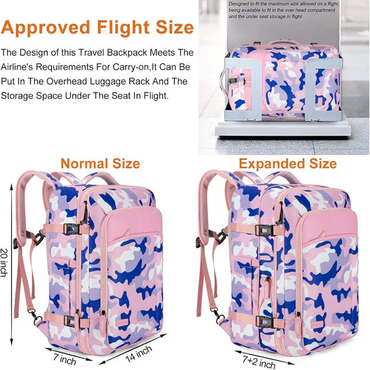 Travel Backpack 42L Carry on Backpack Flight Approved Expandable Travel Backpack Carry on Backpack Luggage Daypack (Pink Camouflage)