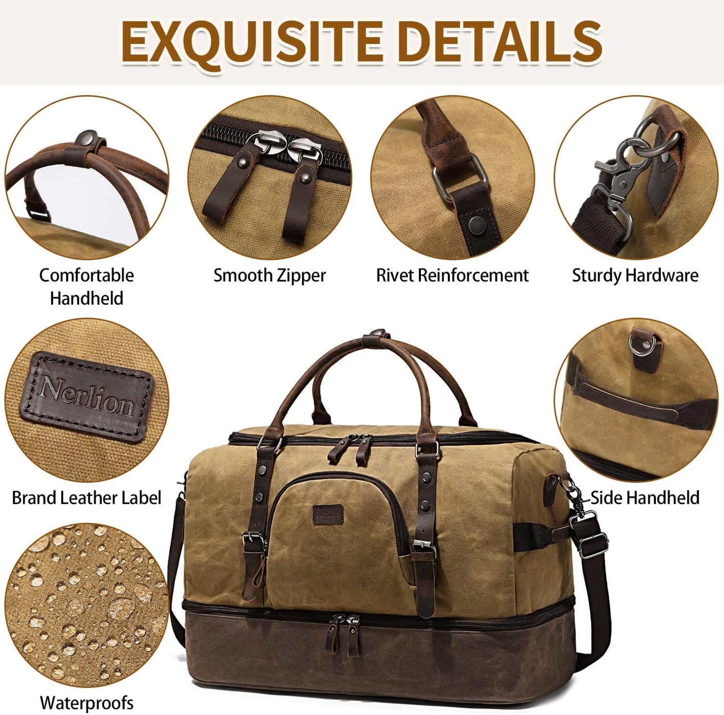 Nerlion Weekender Bag with Shoe Compartment Large Overnight Bag for Men Canvas Genuine Leather Carry on Luggage Bag Travel Duffel Bag(Brown)
