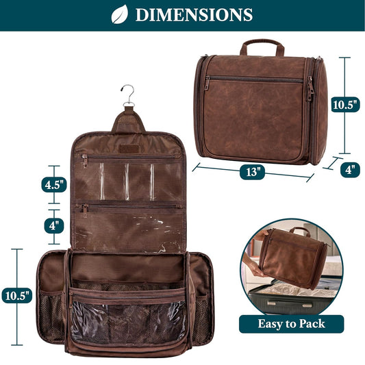 PAVILIA Large Hanging Toiletry Bag Travel Bag Women Men, PU Leather Cosmetic Organizer, Water Resistant Makeup Bag Accessories Toiletries, Travel Essentials Kit, Brown