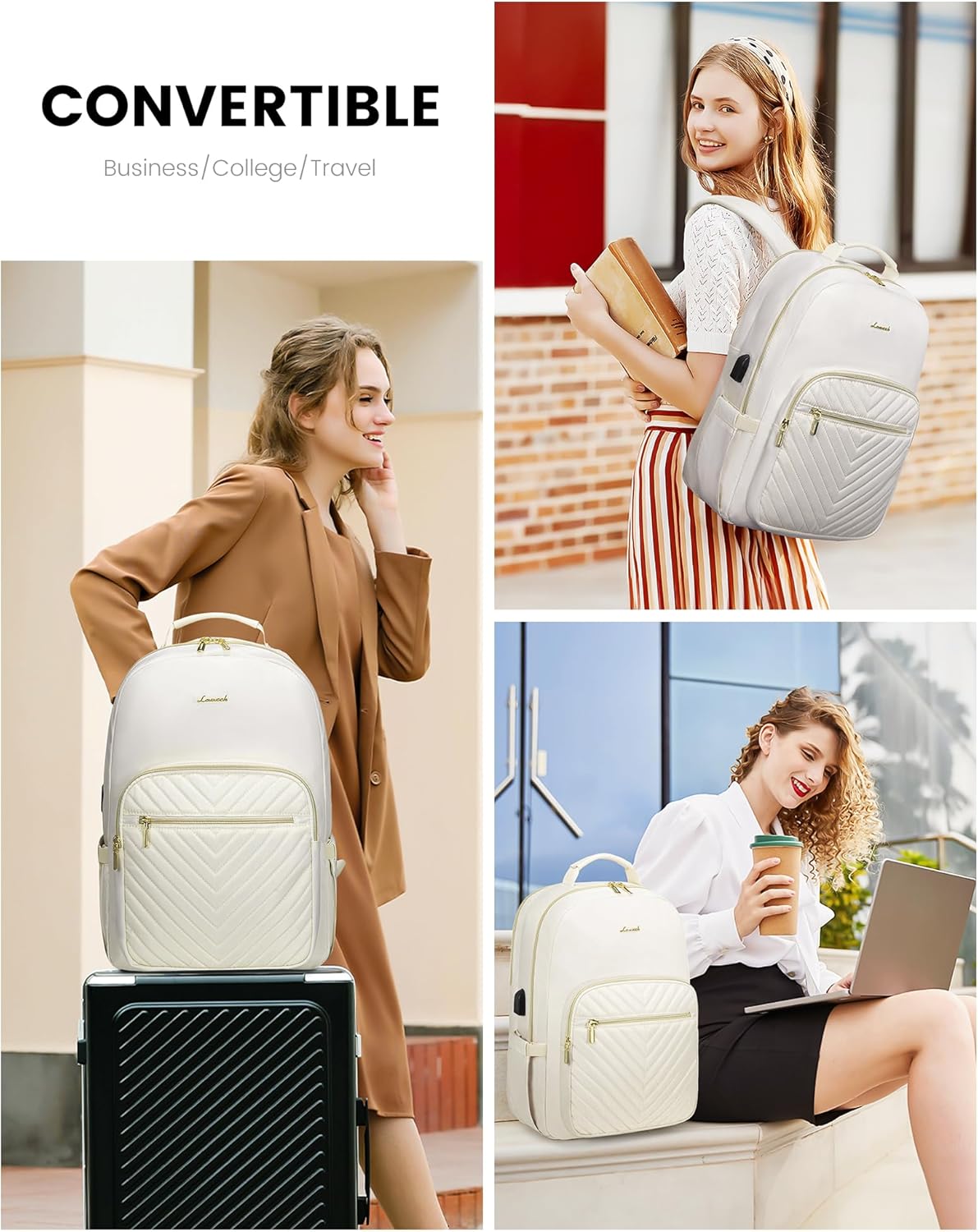 LOVEVOOK Laptop Backpack Purse for Women, Work Travel Computer Bags, College School Backpack for Student Girl, Quilted Casual Daypack with USB Port, Fit 15.6 Inch Laptop, Beige White