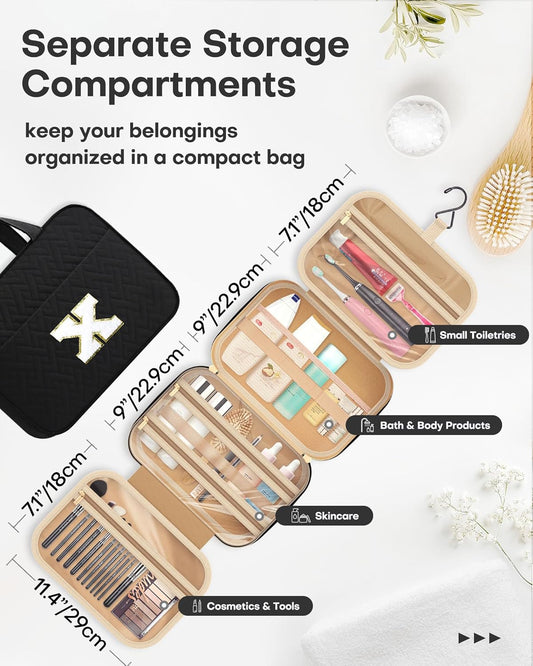 HOTOR Travel Toiletry Bag - Personalized Chenille Initial Makeup Bag, Water-Resistant Personalized Gifts for Women, Portable Travel Accessories & Essentials, Letter X, Black, 11.4"×9.0"×3.35"