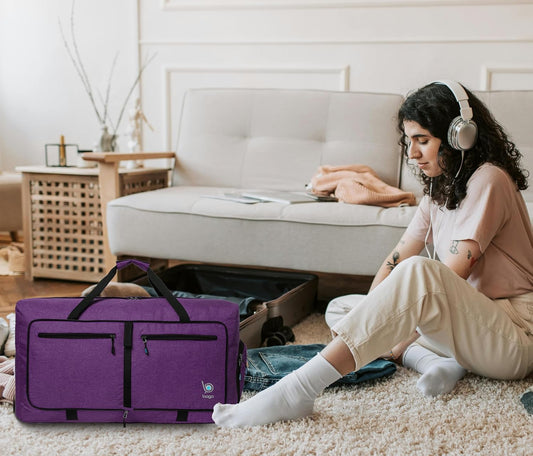 Bago Foldable Duffel Bags for Traveling Women & Men - 60L Medium Packable Duffle Bag for Travel with Shoe Compartment - Water Repellant, Heavy Duty, Lightweight Folding & Collapsible (SnowDepPurple)