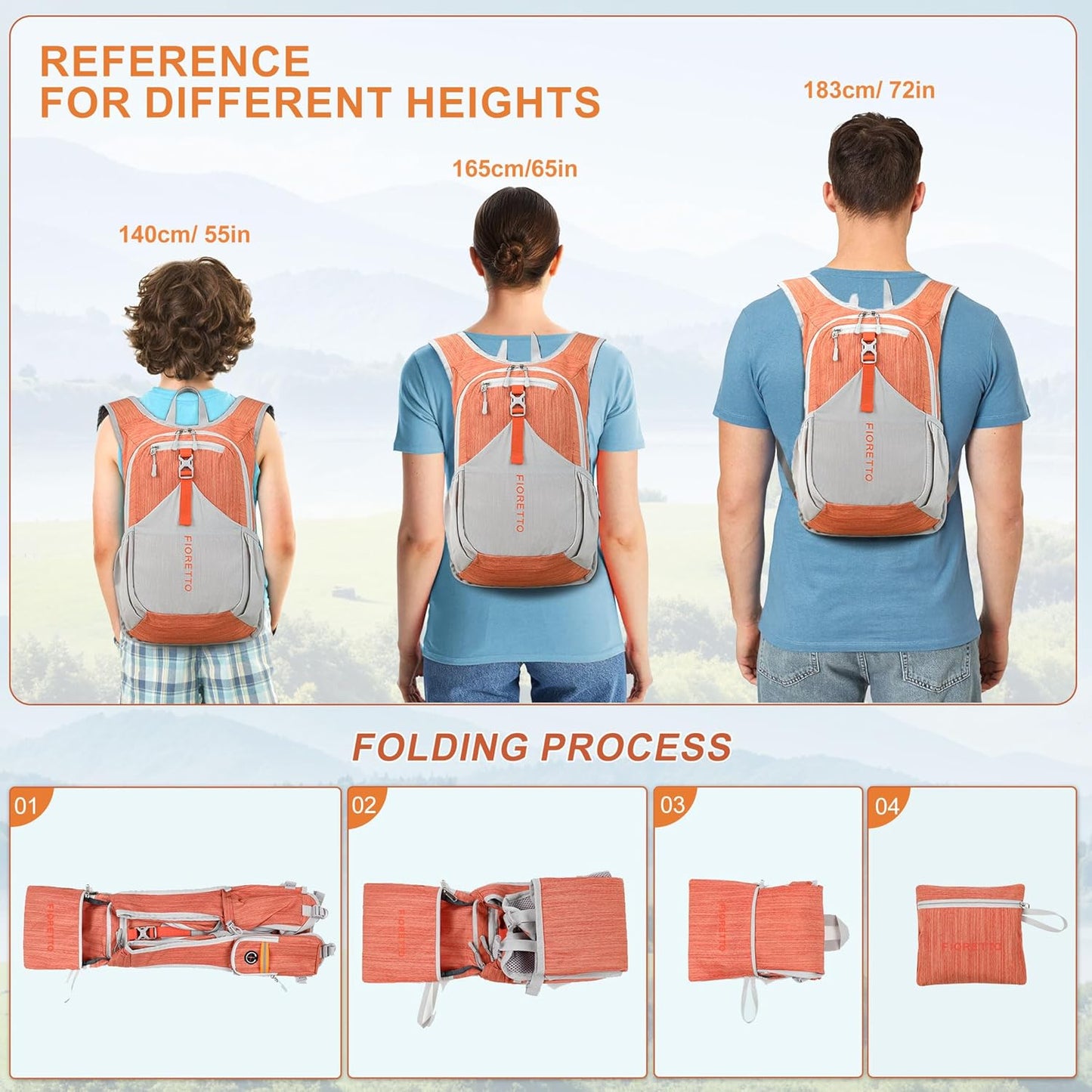 FIORETTO 15L Hiking Backpack for Women Men Mini Packable Backpack Lightweight Small Daypack for Camping Travel Outdoor, Orange
