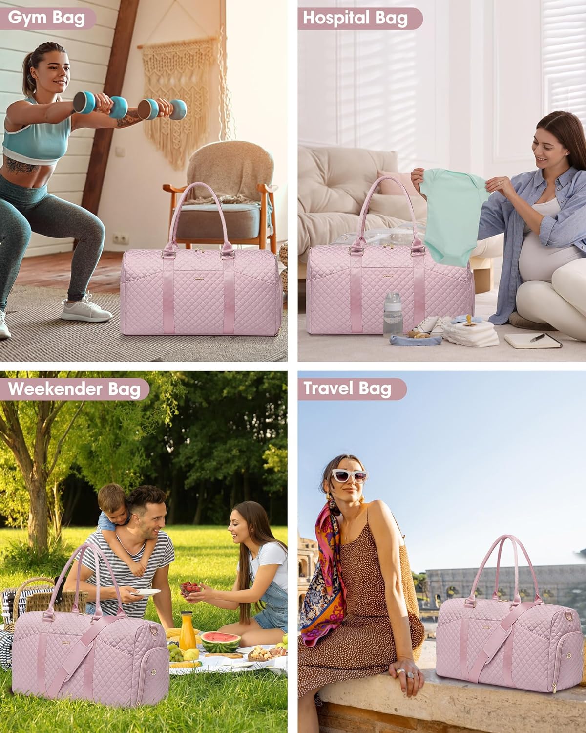 Women Weekender Travel Duffle Bag: Travel Duffel Overnight Bags with Shoe Compartment Large Carry on Tote Bag with Toiletry Bag Weekend Traveling Yoga Gym Hospital for Women with Wet Pocket Pink