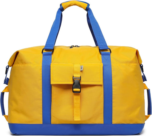 SUNNY BIRD Duffel with Utility Pouch, 40L Weekender Overnight Bag with Shoe Compartment for Travel and Sports (Yellow and blue)