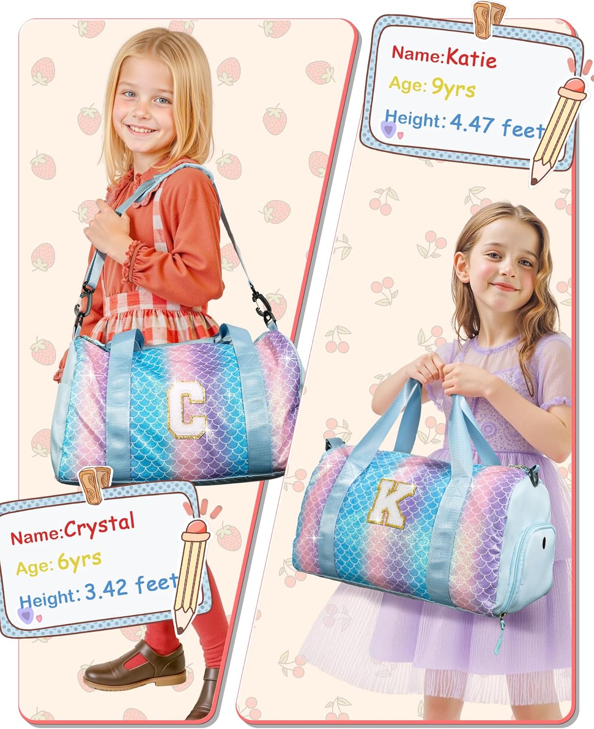 Girls Cheer Up Gifts-Girl Gym Bag with Shoe Compartment, Kid Personalized Weekender Overnight Bags, Initial Travel Tote with Makeup Pouch, Graduation Gift for Niece Kids Daughter (Letter K)