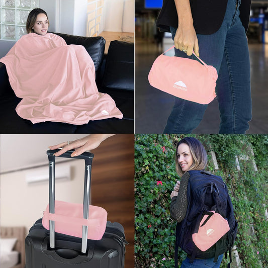 BlueHills Ultra Compact Travel Blanket 2 Pack Large Soft Cozy Portable Blanket Sheet with Carry Case and for Flight Airplane Car Layover Camping Hotel C206-2PK-Pink