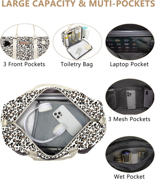 Women Duffle Weekender Travel Bag: Large Duffel Bags with Shoe Compartment Carry On Overnight Tote Bag with Wet Pocket Toiletry Bag Traveling Weekend Gym Yoga Hospital Bags for Womens Leopard