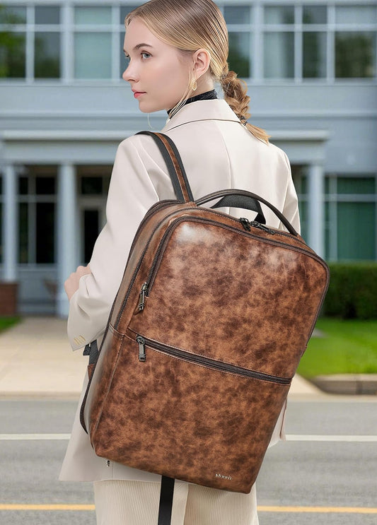 Vegan Leather Laptop Backpack for Women&Men,16 Inch Expandable Backpack with USB Charging Port,Two-toned Brown