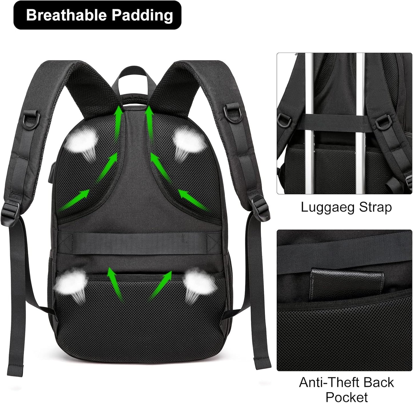 Backpack for Men and Women, School Backpacks for Teen Boys Girls, Water Resistant Sturdy Anti Theft Travel Laptop Backpack, Black Student Bookbag Fits 15.6 Inch Laptop with USB Charging Port, Gifts