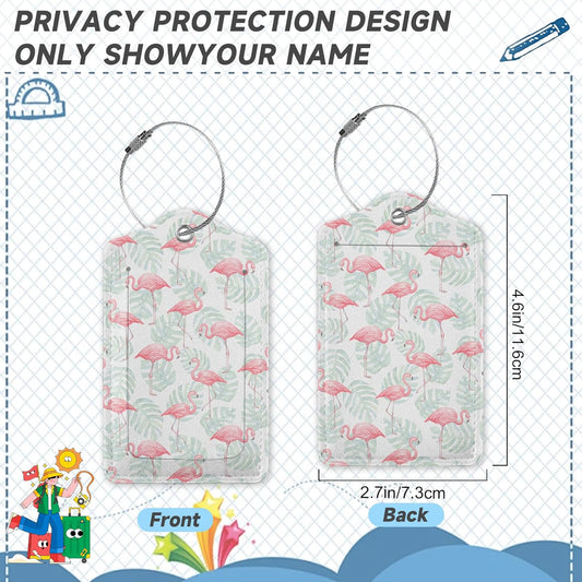 2 Pack Luggage Tag for Suitcase,Flamingos Palm Leafs Leather Suitcase Tags Identifiers with Privacy Name Address Labels and Durable Steel Loop for Women Men Travel