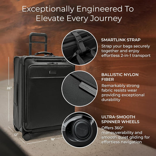 Briggs & Riley 26" Medium Expandable Spinner - Checked Luggage for Travel, Suitcases with Wheels, Softside Rolling Bag for Men & Women, Self-Repairing Zipper - Baseline Collection, Black