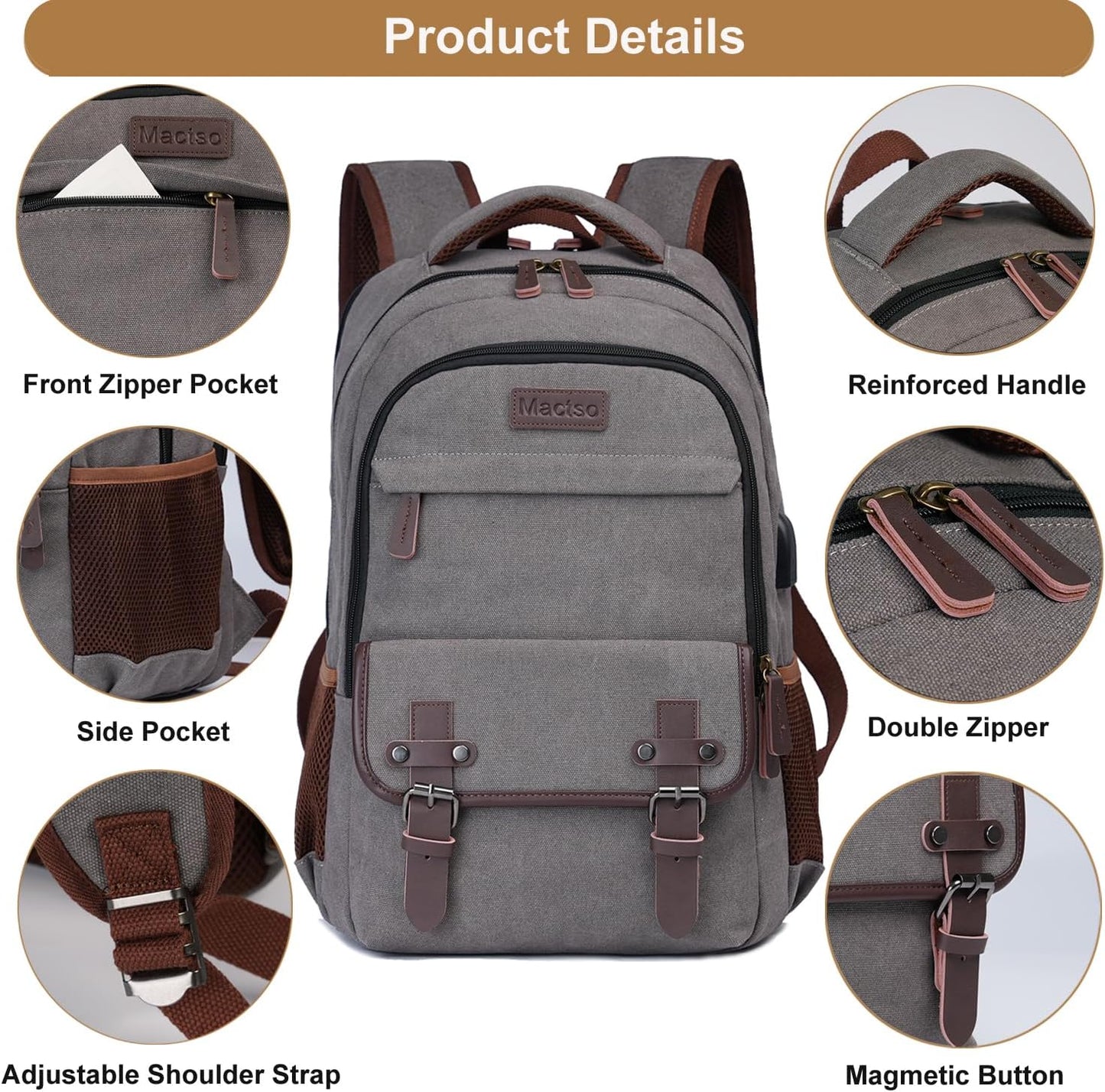 Mactso Canvas Travel Laptop Backpack for Men Women, Business Work Rucksack College Computer Bag Fits 17.3 Inch Notebook,Bookbag with USB Charging Port (Grey, 17.3 Inch)