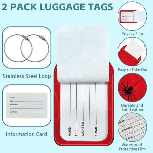Spider on Spider Web Luggage Tag for Suitcase Set of 2 PU Leather Cute Luggage Tags with Stainless Metal Loop ID Label Privacy Flap Suitcase Tags for Women and Men Travel