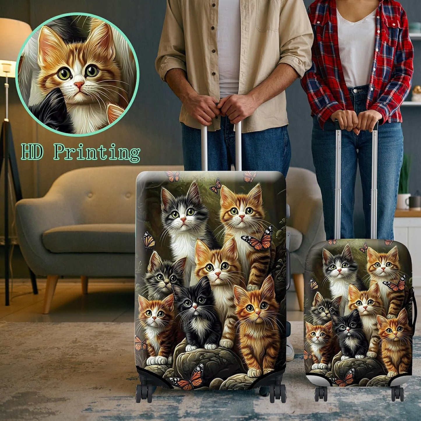 Luggage Cover Plus - Suitcase Protector with 1 Luggage Tag, Cats Family Travel Cover for 26-28 inch Luggage (L), Concealed Zipper, Washable Elastic Cloth, Dustproof, Anti-Scratch
