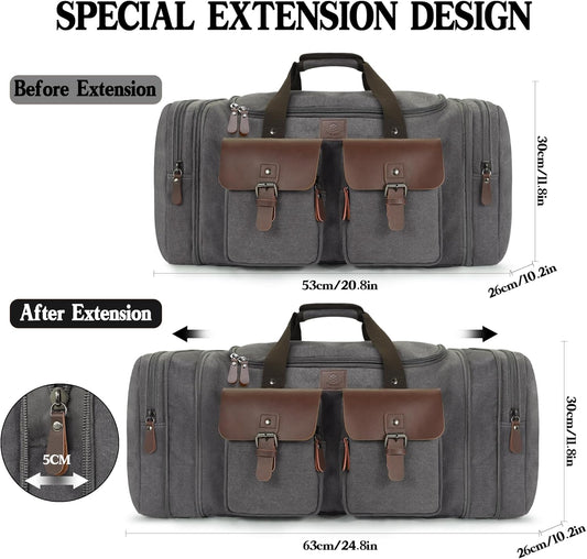 Canvas Duffle Bag for Men 50L Travel Duffel Bags Expandable Genuine Leather Duffel Overnight Weekender Carry On Bag Two Zipper Pockets Travel Bag (Grey, Large-50L)