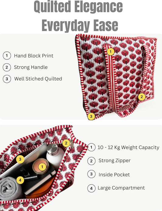 Cotton Quilted Tote Bag for Women – Large Beach & Travel Tote with Zipper, Reusable Grocery Bag