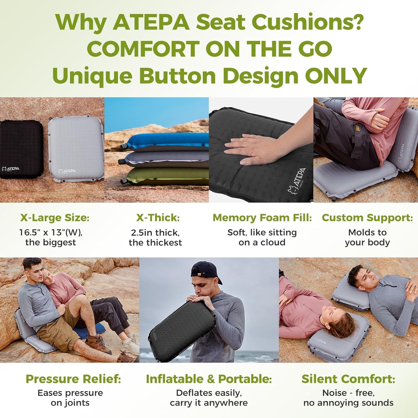 ATEPA Inflatable Stadium Seat Cushion, Self-Inflating Memory Foam Stadium Seats Bleacher Seat Chair Cushion Pad for Airplane Travel Backpacking Sports Events