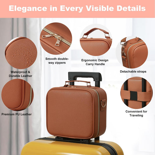 Mocado Travel Makeup Bag with LED Lighted Mirror, Travel Makeup Organizer, Makeup Case with 3 Color Lighted Setting and 10x Magnifying Mirror, Portable Storage and Adjustable Dividers(Orange Brown)