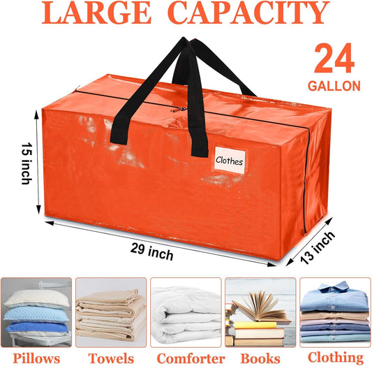 4 Pcs 24 Gallon Large Moving Bags with Zipper and Handles Foldable Storage Duffle Bags Heavy Duty Extra Large Totes for College Dorm Travel Clothes Blankets Bedding Moving (Orange)