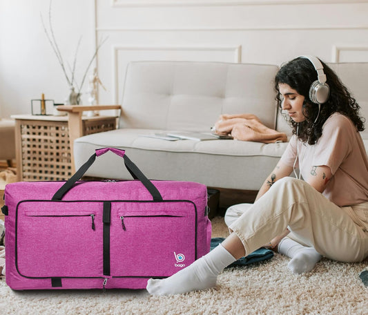 Bago Large Foldable Duffel Bags for Traveling Women & Men - 100L Packable Duffle Bag for Travel with Shoe Compartment - Water Repellant, Heavy Duty, Lightweight Folding & Collapsible (SnowPink)