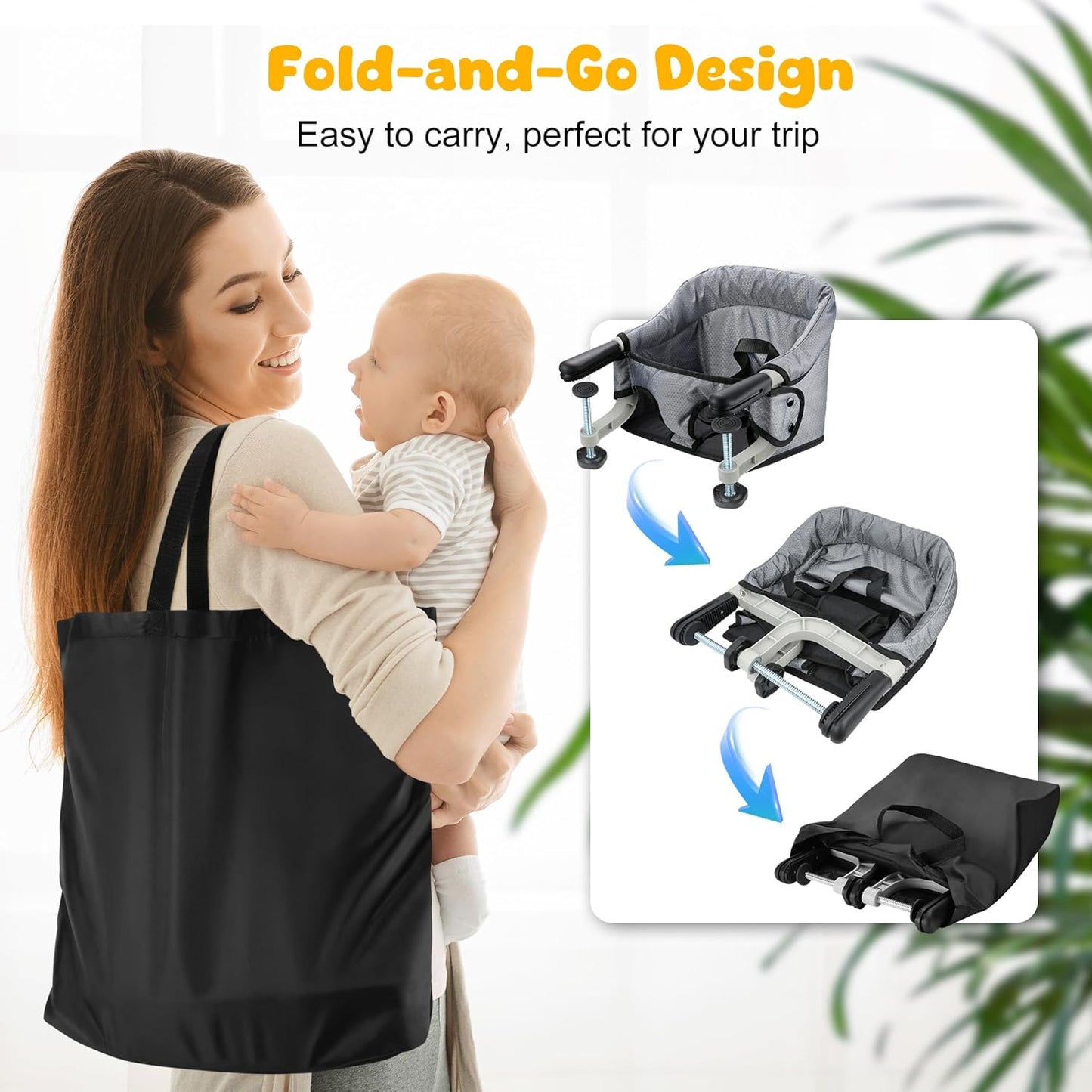 Hook On Chair with Removable Dining Tray,Folding Baby Chair, Portable Table High Chair with Storage Bag for Indoor/Outdoor, Grey