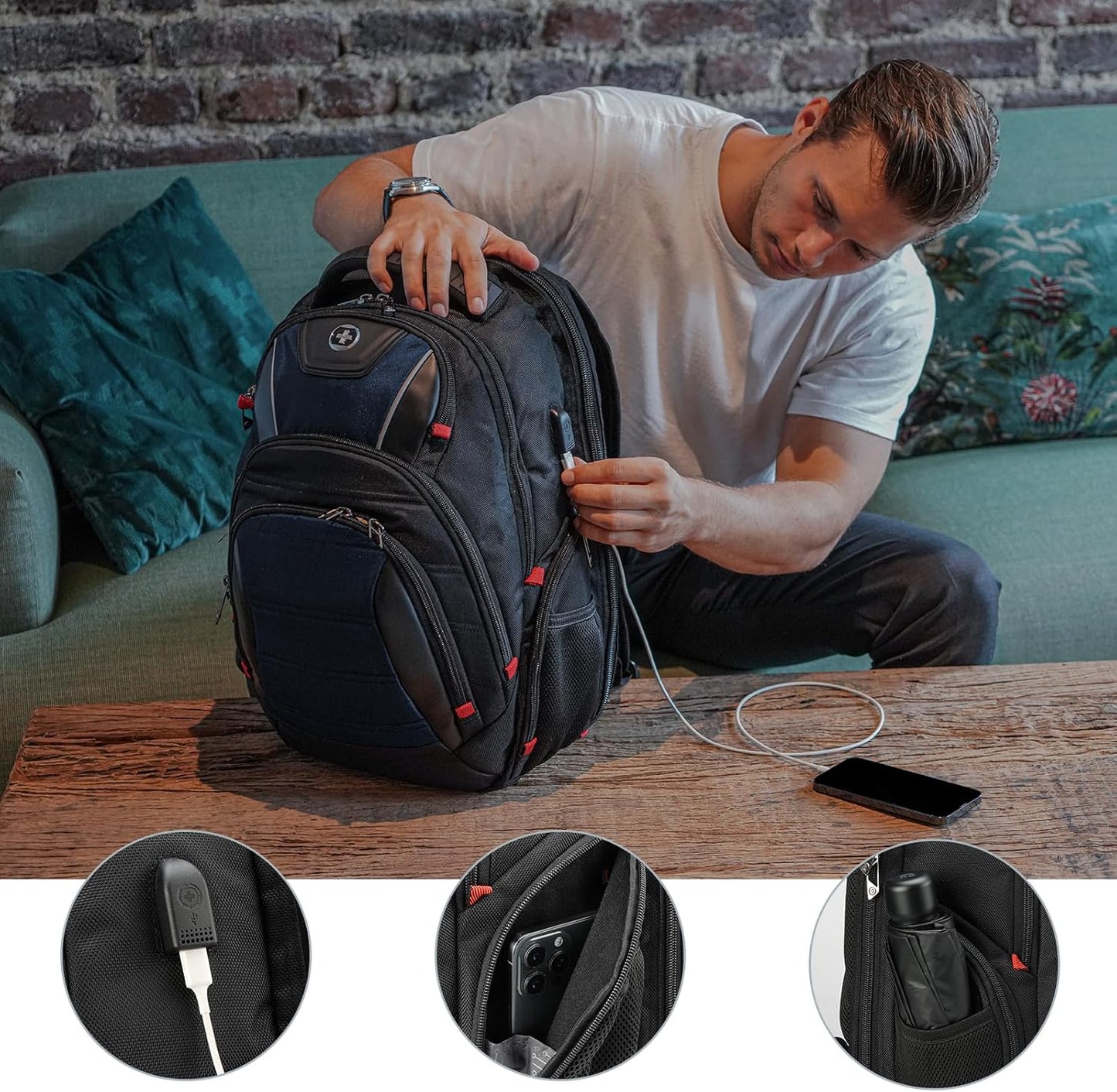 Swissdigital Design Men's Laptop Backpack for Man,Large Capacity Business Travel Backpack Black/Blue