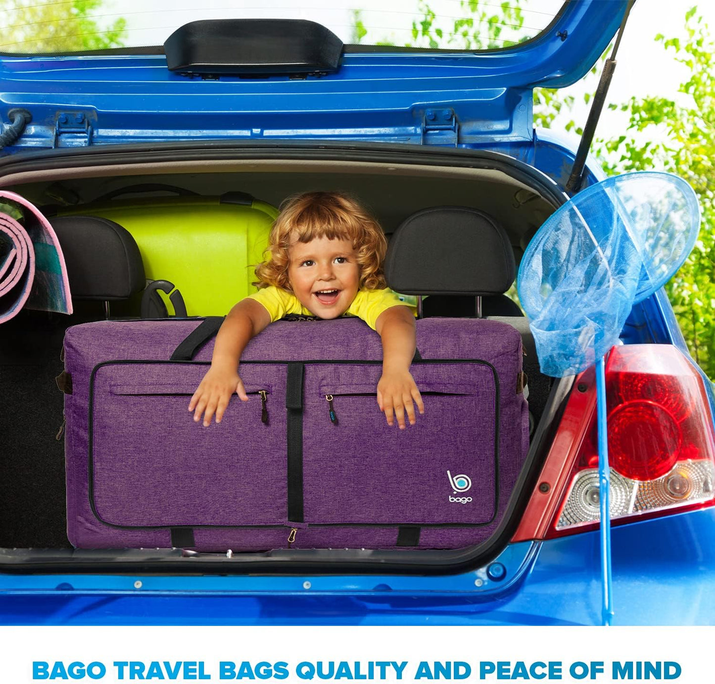 Bago Big XXL Foldable Duffel Bags for Traveling Women & Men - 140L Packable Duffle Bag for Travel with Shoe Compartment - Water Repellant, Heavy Duty, Lightweight Folding & Collapsible (SnowDepPurple)