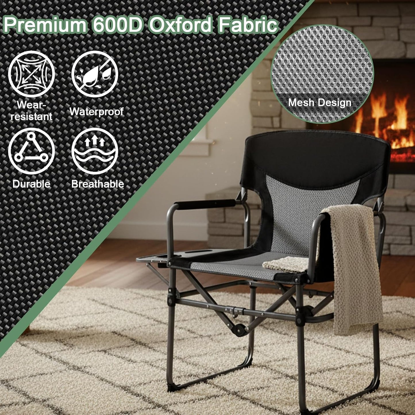 Romswi Director Chairs for Outdoor, Folding Camping Chair, Compact Directors Chair Side Table and Side Bag, Heavy Duty Oversize Seat for Beach Fishing Picnic Chairs, Holds up to 300 lbs Black 2 Pcs