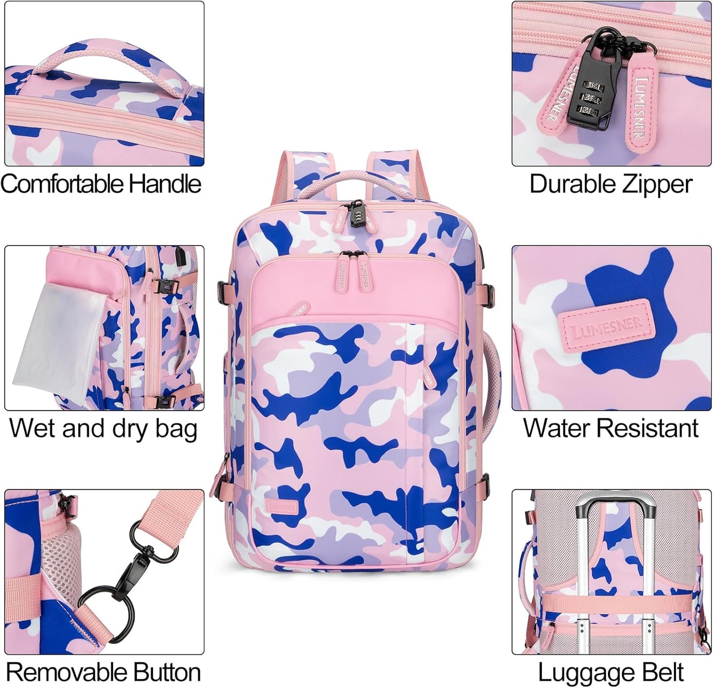 Travel Backpack 42L Carry on Backpack Flight Approved Expandable Travel Backpack Carry on Backpack Luggage Daypack (Pink Camouflage)