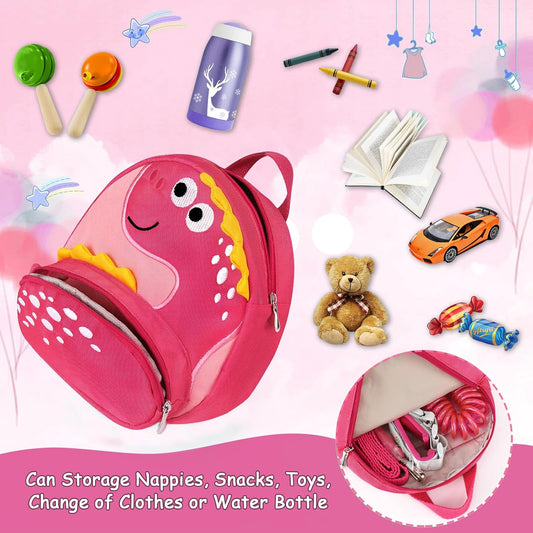 Accmor Toddler Backpack Harness with Safety Leash, Cute Dinosaur Harnesses with Kids Anti Lost Wrist Link, Mini Child Schoolbag with Wristband Tether Strap and Protection Leashes for Baby Girls (Pink)