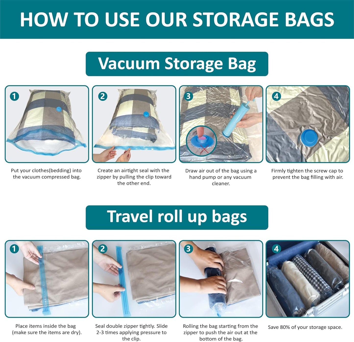 30 Pack Vacuum Storage Bags, Space Saver Vacuum Storage Bags, Vacuum Seal Bags for Clothing, Clothes, Comforters and Blankets, Hand Pump Included