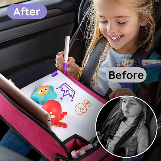 2Pcs Kids Travel Tray, Kids Travel Trays for Car Seat, Road Trip Essentials for Toddler, Carseat Lap Tray with Dry Erase Board & Storage Organizer for Road Trip Activities for Kid, Pink