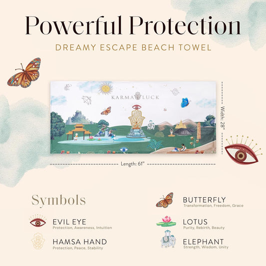 KARMA AND LUCK Dreamy Escape Beach Towel for Women & Men, Evil Eye, Hamsa Hand, Lotus, Butterfly, and Elephant Premium Designs, Cotton Beach Towels for Swimming, 61” x 28”