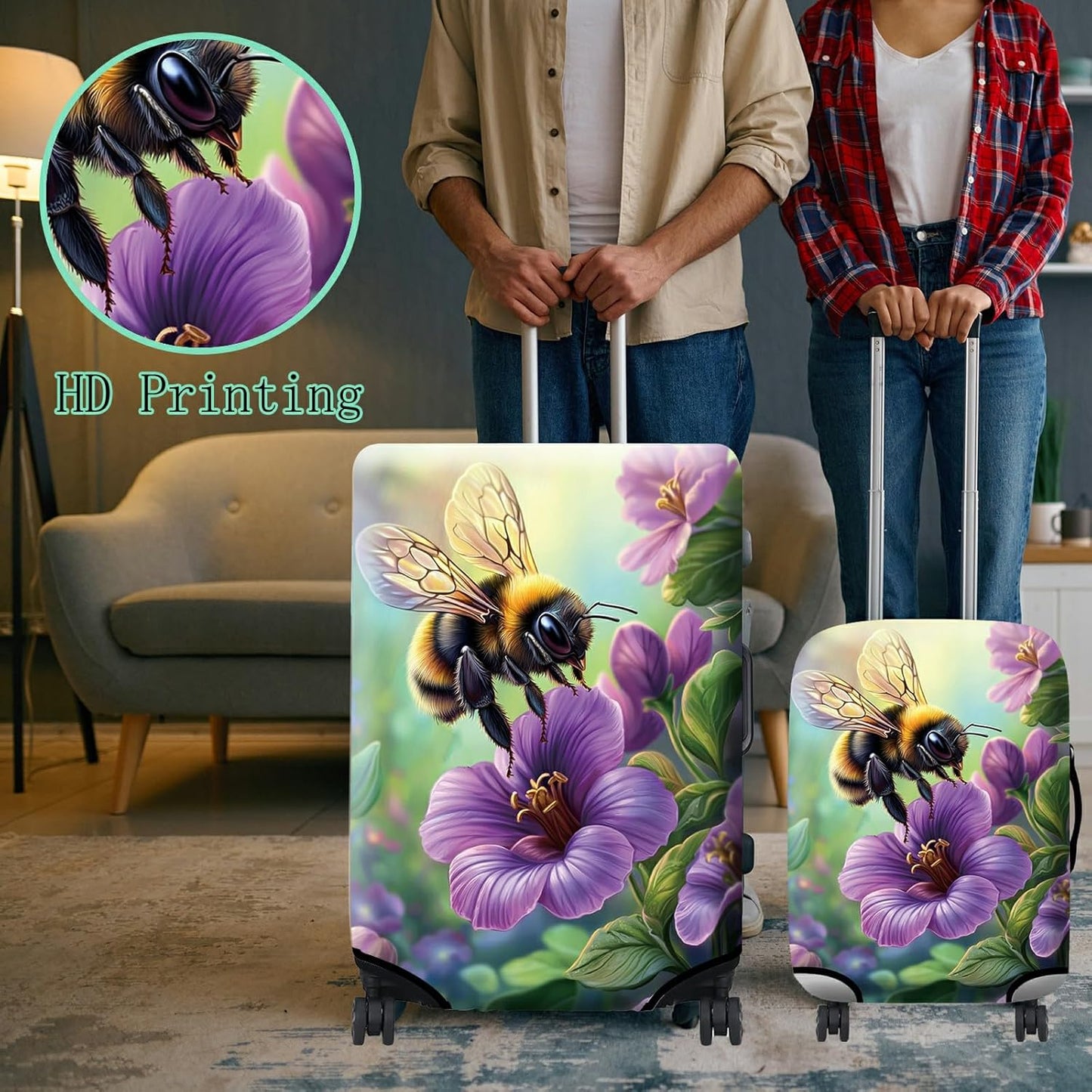 Luggage Cover + Tag, Bee Purple Flowers Travel Suitcase Cover for 18-20 inch Luggage (S) with Concealed Zipper, Washable Elastic Cloth, Dustproof, Anti-Scratch