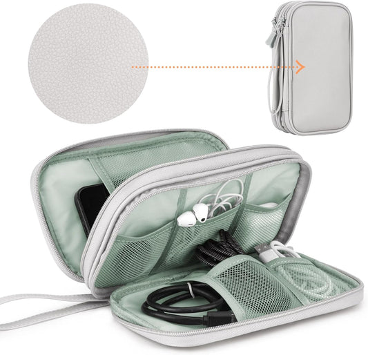 Leather Travel Electronic Organizer - Double Layer, Waterproof Case for Cables, Chargers, Phones & More - Portable, Shockproof Pouch for All Your Electronics Accessories (Grey, M)