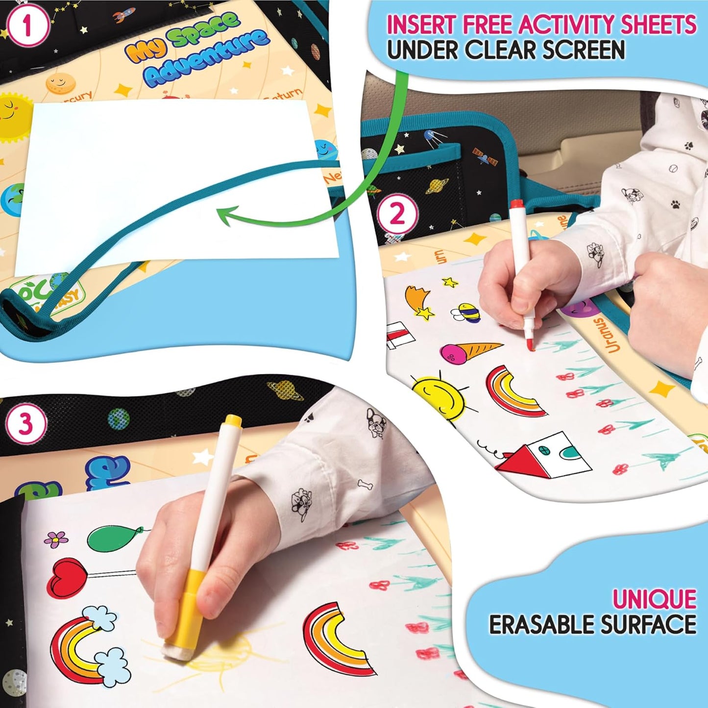 Car Seat Tray for Toddler - Waterproof Carseat Table Top - Kids Travel Tray - Travel and Road Trip Essentials Kids - Lap Desk with Storage -Baby Airplane Travel Accessories (Black)