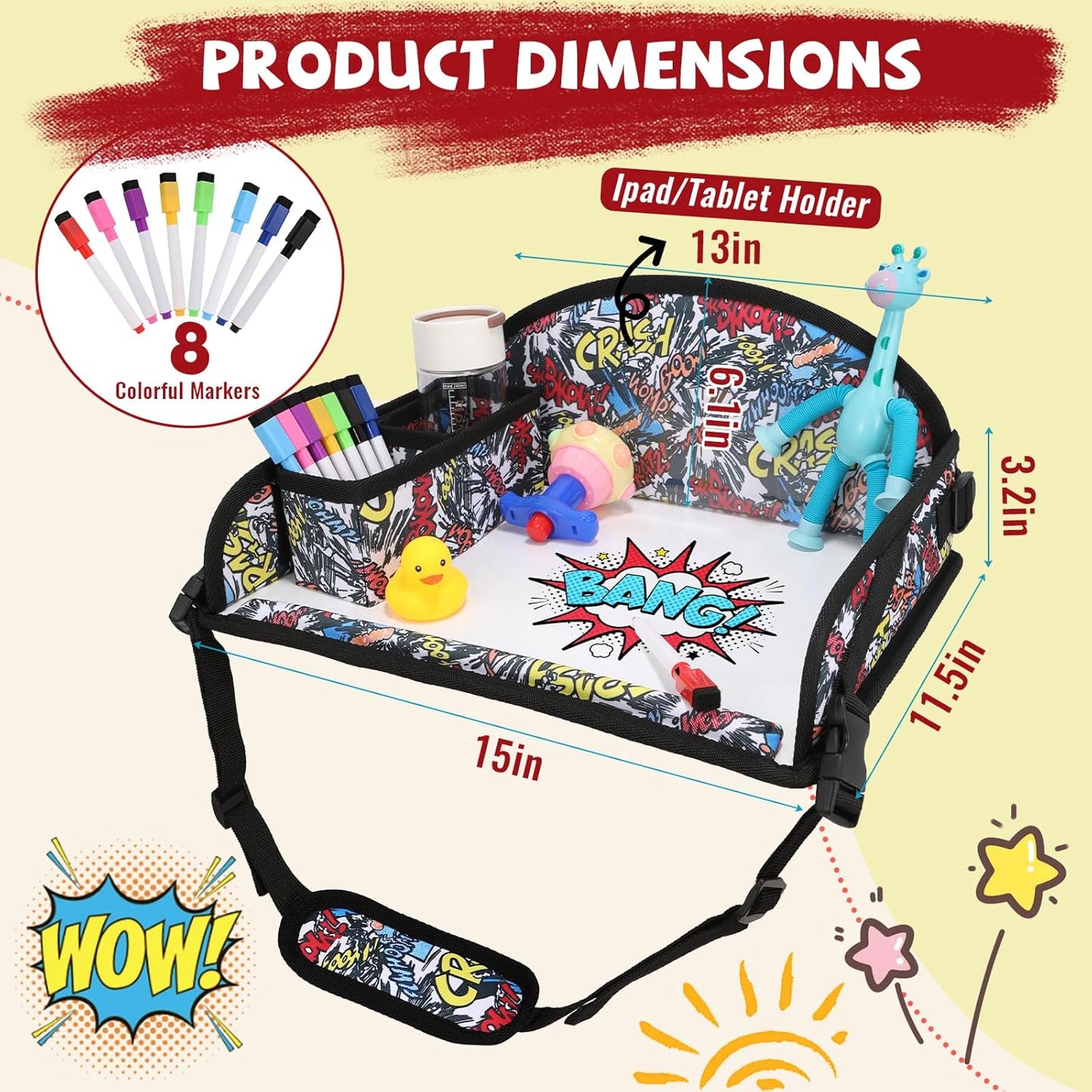 Kids Travel Tray for Airplane - Toddler Car Seat Table Tray, Road Trip Essentials for Boys & Girls, Carseat Lap Desk for Kids Road Trip Activities, Graffiti