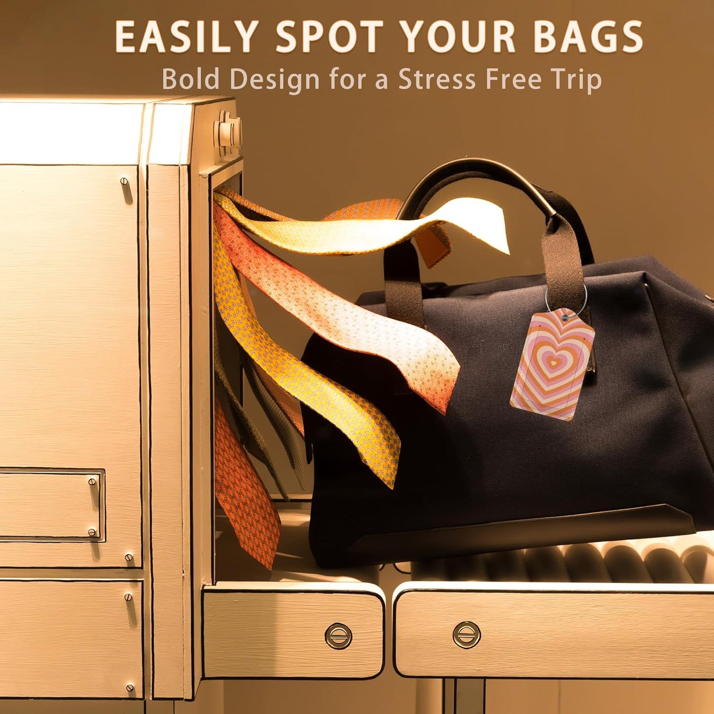 Retro Heart 70s 80s Luggage Tags Bag Tag with Privacy Cover Name Id Card Stainless Steel Loop Suitcase Labels Pu Leather Baggage Tags for Travel,2 Pcs