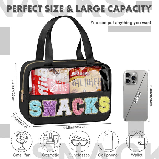 Snack Bag for Travel - Chenille Letter Clear Makeup Bag, Large Preppy Patch Snack Cosmetic Bag with Handle and Zipper, Cute Makeup Pouch Nylon&PVC Waterproof Toiletry Organizer Storage for Women