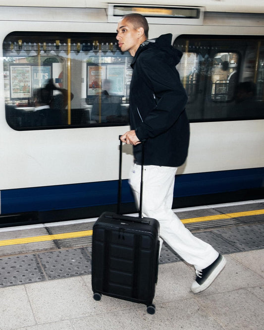 D_b_ Ramverk Pro Front Access Carry-On 21 Inch Hardside Luggage Extra Protection Aluminum Frame, Silent 360 Spinner Wheels, TSA Lock, Interior Laptop Compartment - Black Frame/Black